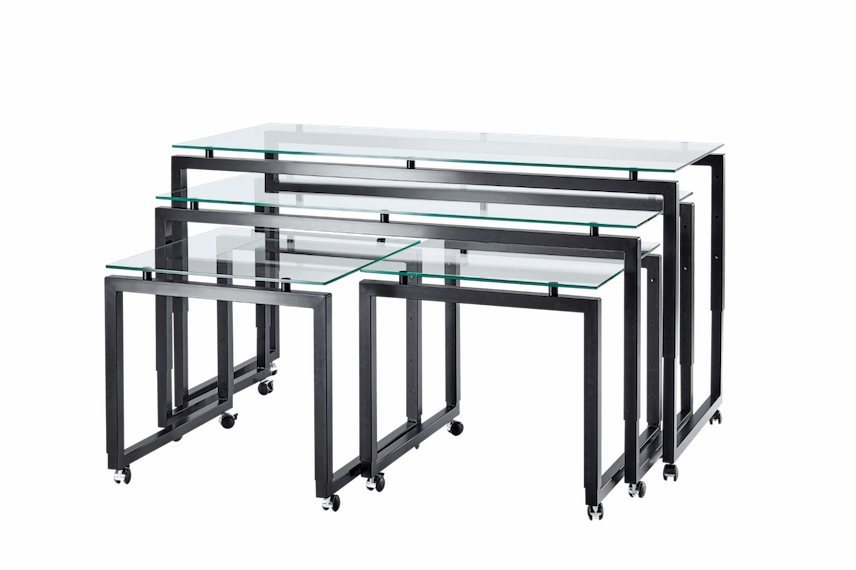 Buffet Tischsystem übereinander und ausgefahren mit vier höhenverstellbaren Tischen in Schwarz auf Rollen mit Glasplatten