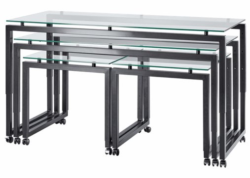Buffet Tischsystem übereinander mit vier höhenverstellbaren Tischen in Schwarz auf Rollen mit Glasplatten